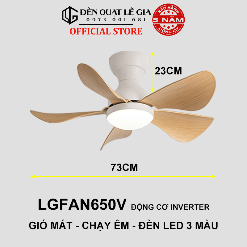 Quạt Trần Mini 5 Cánh LÊ GIA LGFAN650G - Chiều Cao 23cm - Sải Cánh 73cm - Bảo Hành 5 Năm