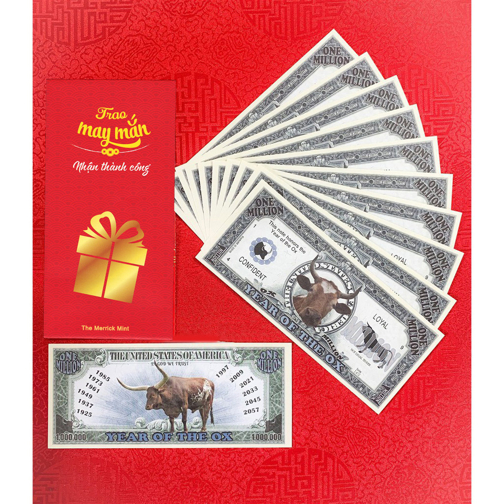 COMBO 10 TỜ 1 triệu usd hình con trâu của Mỹ lưu niệm lì xì Tết, tặng kèm bao lì xì - The Merrick Mint