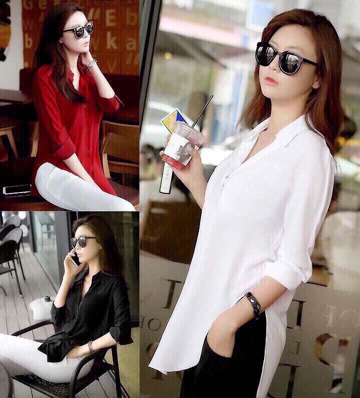 Áo sơ mi form dài xẻ eo cực hot AKN22