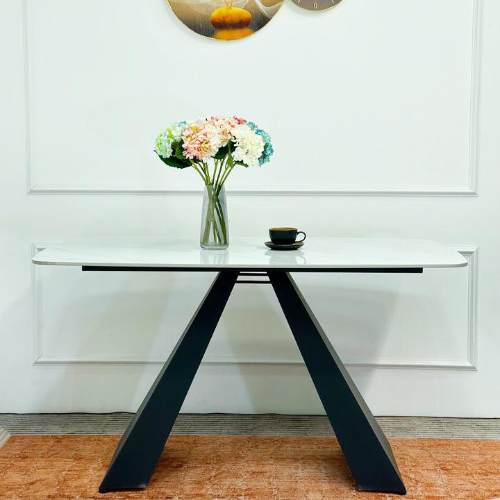 Bộ bàn ăn 4 ghế nhập khẩu chân sắt sơn tĩnh điện chữ A mặt đá ceramic, ghế bọc da phong cách Bắc Âu - Bảo hành 2 năm