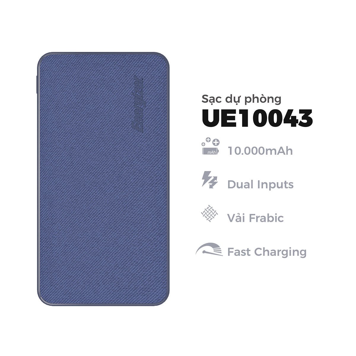 Sạc dự phòng Energizer 10000mAh - UE10043 - tích hợp 2 cổng input (micro USB và USB-C) - Hàng chính hãng