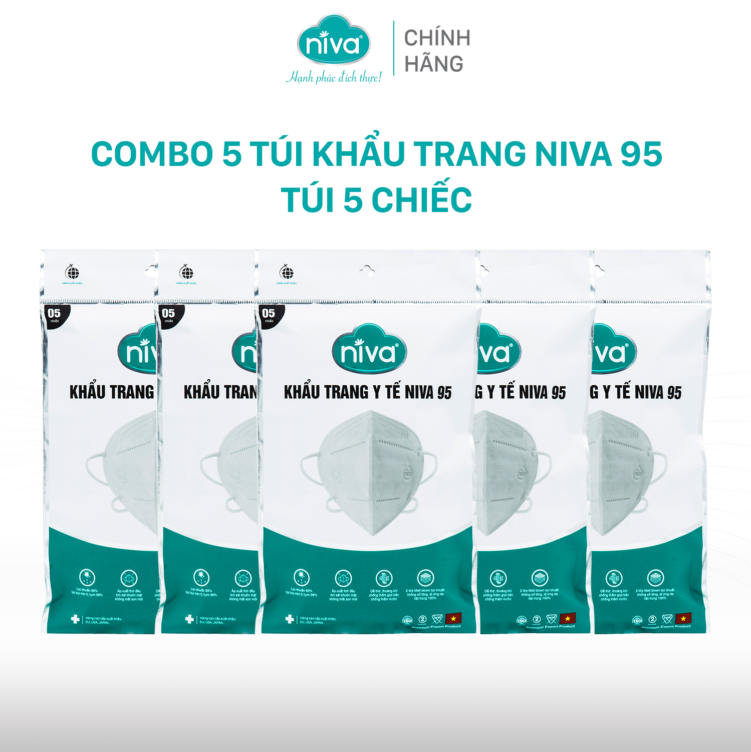 Combo 05 Khẩu Trang Niva 95 Túi 5 Chiếc Ngăn Giọt Bắn, Lọc Vi Khuẩn, Không Gây Kích Ứng Da, Hàng Chính Hãng Cao Cấp