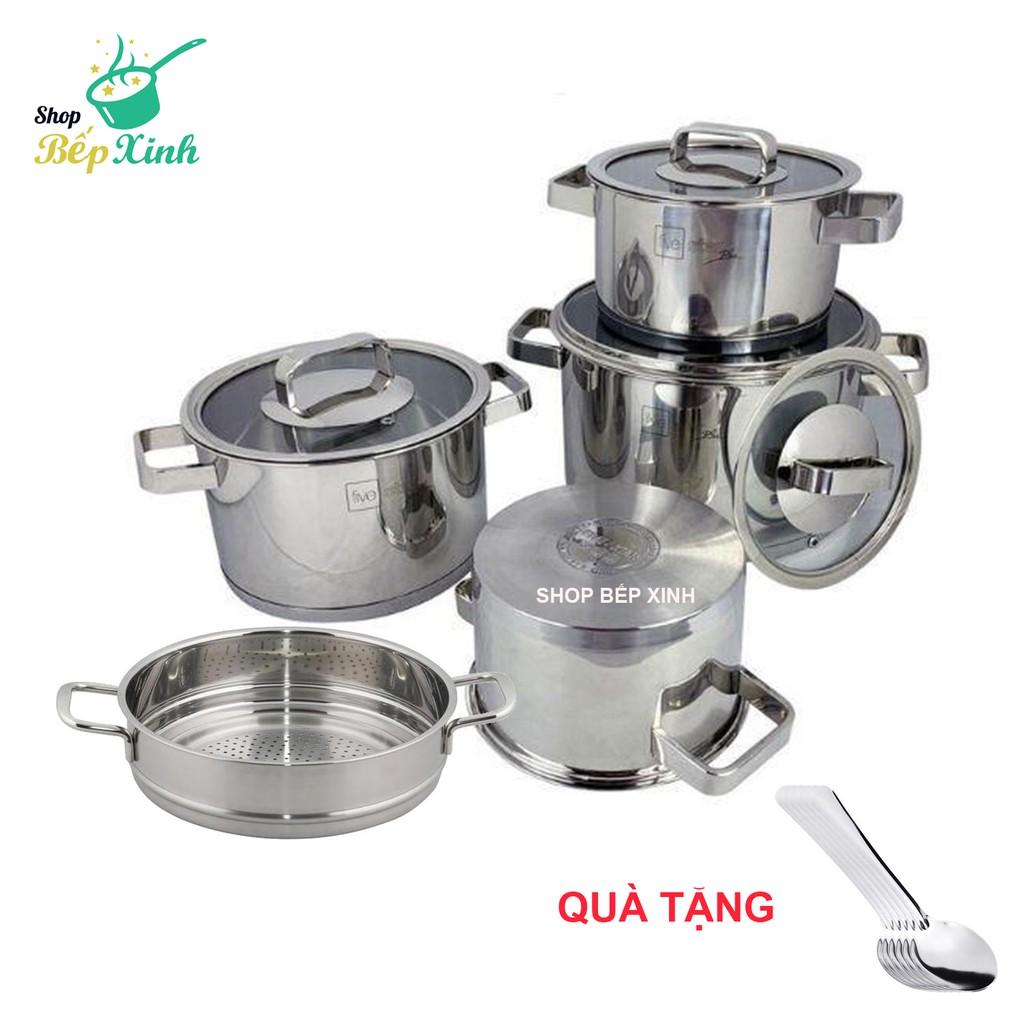 Bộ nồi inox 304 bếp từ 3 đáy và xửng hấp inox 24cm Fivestar nắp kính tặng 1 SẠN INOX