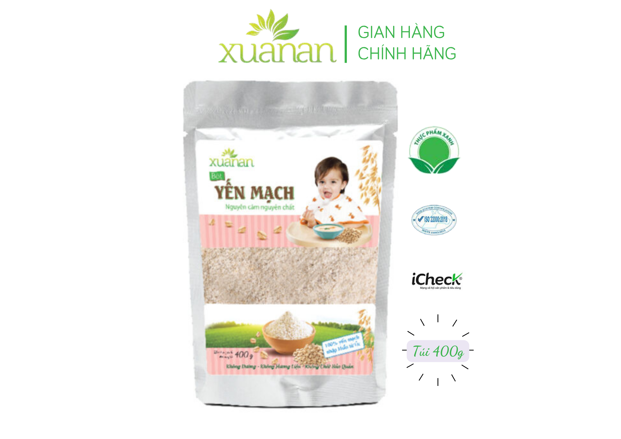 Bột Yến Mạch Nguyên Cám Nguyên Chất Xuân An [ ko đường] Túi 400G(Tặng Kèm 1 Túi Yến Mạch 150G)