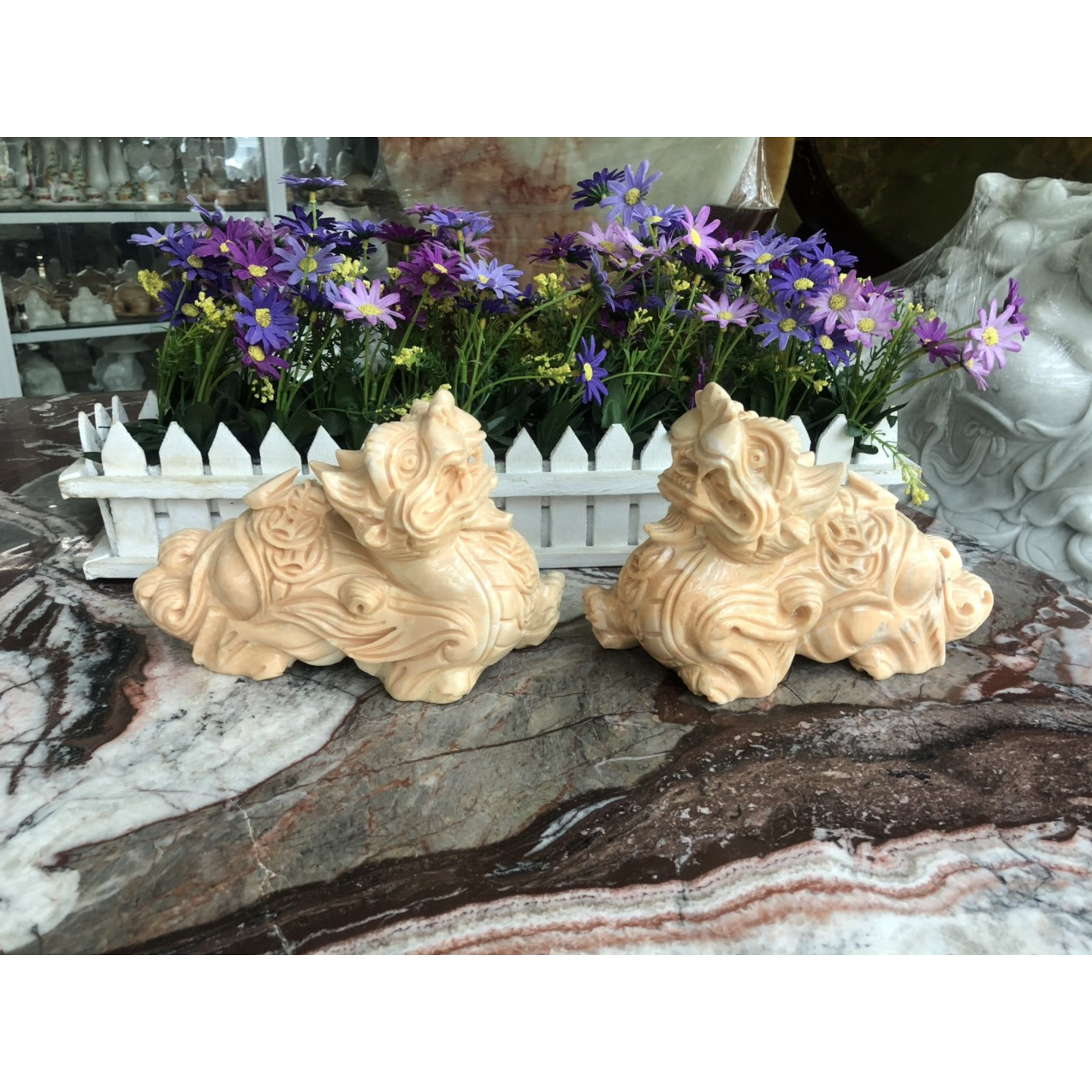 Cặp Tỳ Hưu phong thủy đá cẩm thạch vàng cà rốt - Dài 20 cm