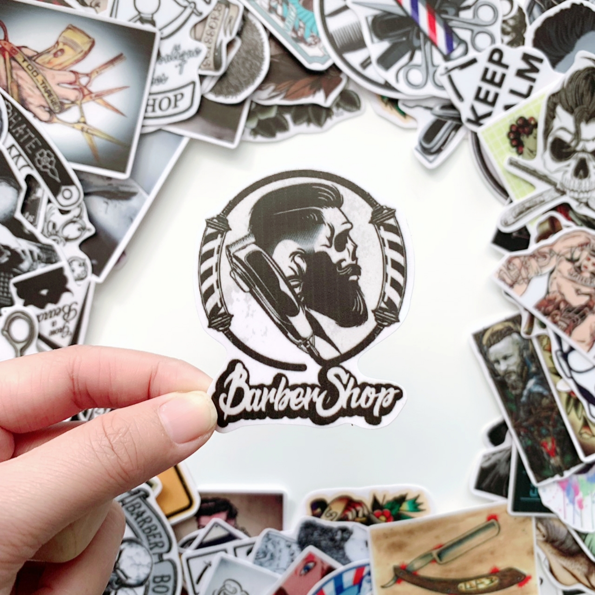 Bộ 50 Sticker Barber - Hình Dán Chống Nước Decal Chất Lượng Cao Trang Trí Cửa Hàng Cắt Tóc Nam, Va Li Du Lịch, Xe Đạp, Xe Máy, Laptop, Nón Bảo Hiểm, Máy Tính Học Sinh, Tủ Quần Áo, Nắp Lưng Điện Thoại