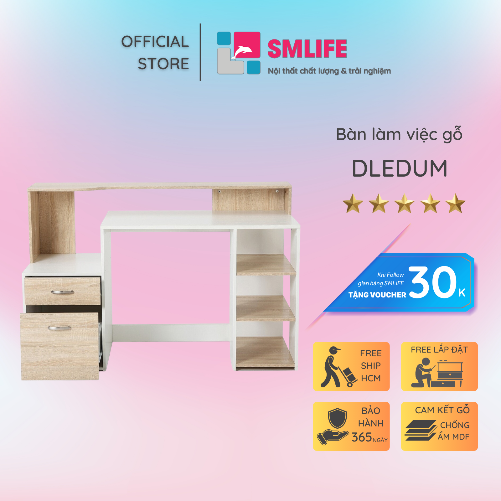 Bàn làm việc, bàn học gỗ hiện đại SMLIFE Dledum  | Gỗ MDF dày 17mm chống ẩm | D137xR55xC92cm