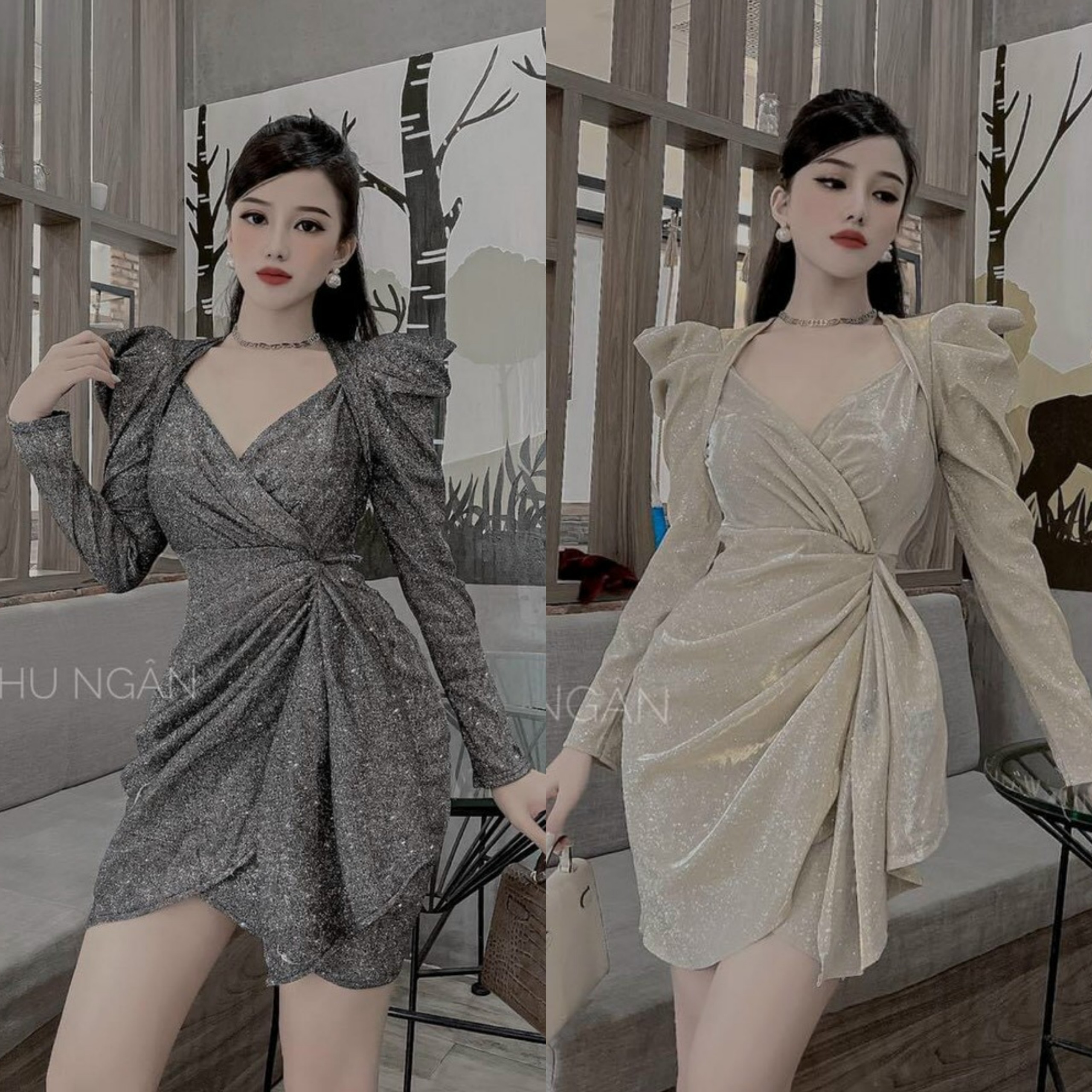 Đầm Body Nhũ Kim Tuyến Cao Cấp eo phối bèo cổ kiểu
