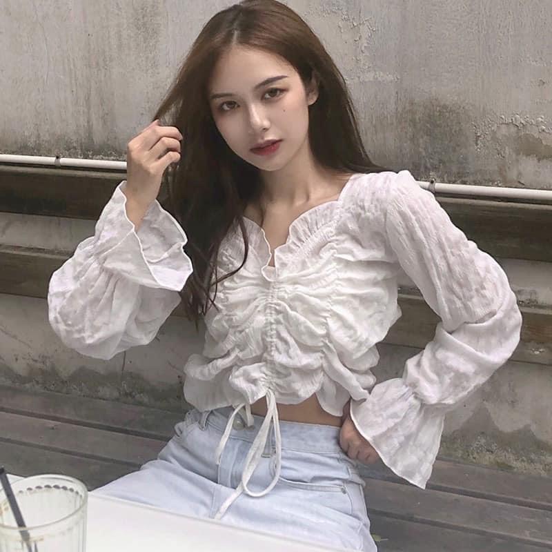 Áo croptop rút ngực tay dài thanh lịch