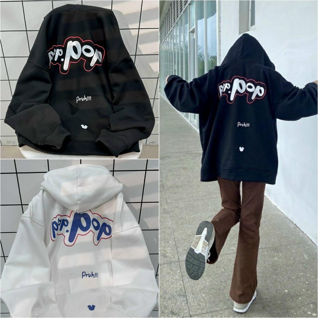 Áo khoác nam nữ Hoodie nỉ trơn Basic in chữ POP form rộng khóa kéo có mũ Ulzzang giá rẻ couple