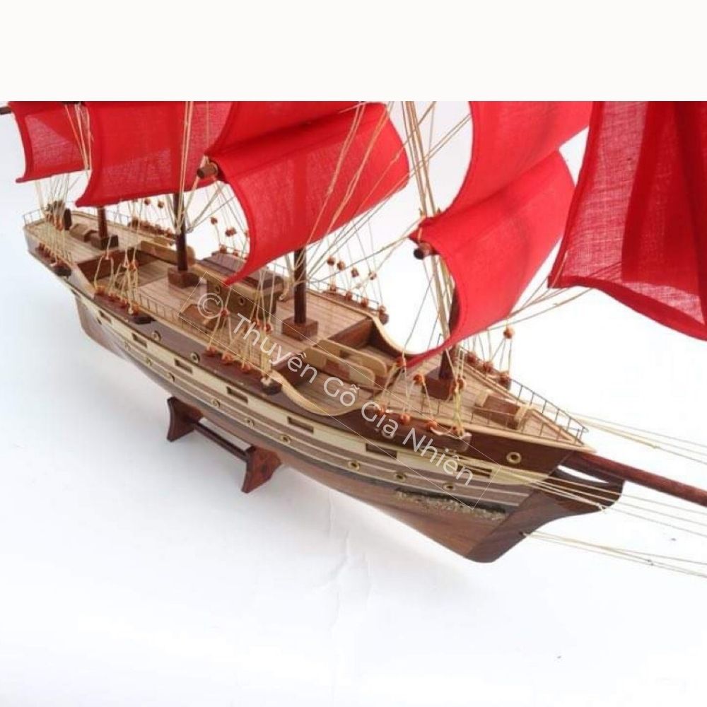 Mô Hình Thuyền Gỗ Trang Trí Dạng Thuyền Cổ France II - Buồm Đỏ - Loại 2