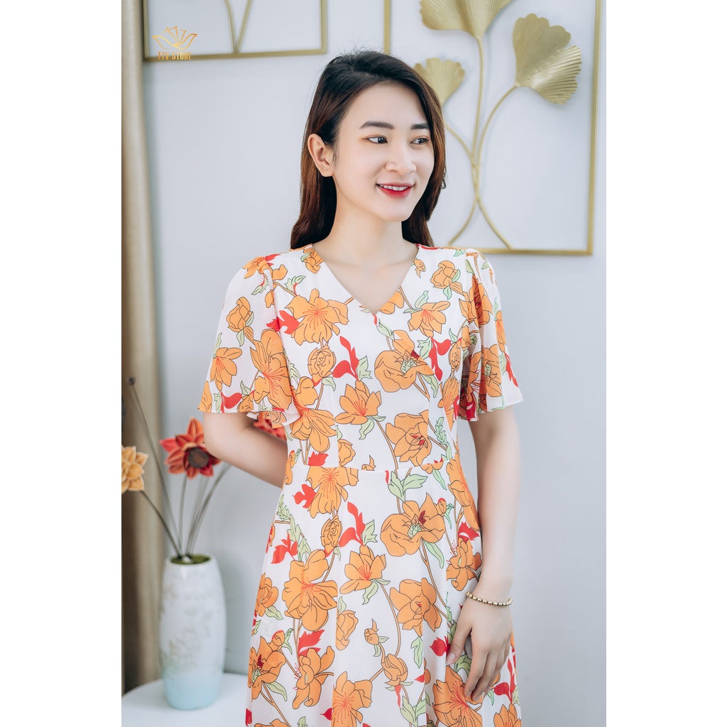 Đầm Maxi thiết kế trung niên Cổ tim tay loe màu Trắng hoa cam TTV STORE TTV1249