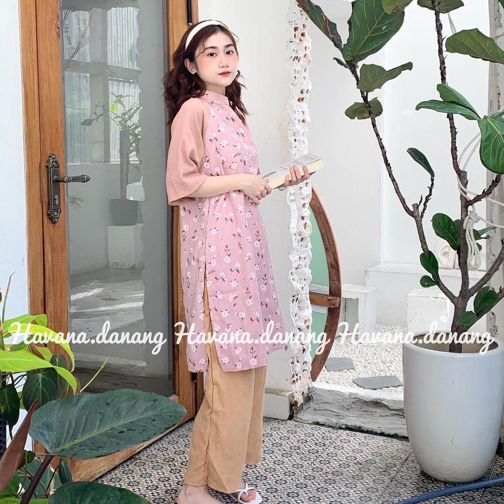 Áo dài cách tân họa tiết, áo dài nhung tăm dáng suông tay lửng