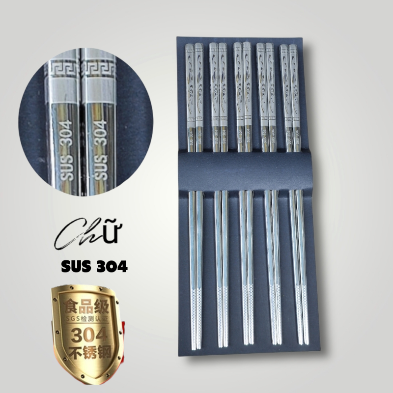 BỘ 5 ĐÔI ĐŨA INOX SUS 304 - HOA VĂN CAO CẤP - SANG TRỌNG - NGUYÊN KHỐI