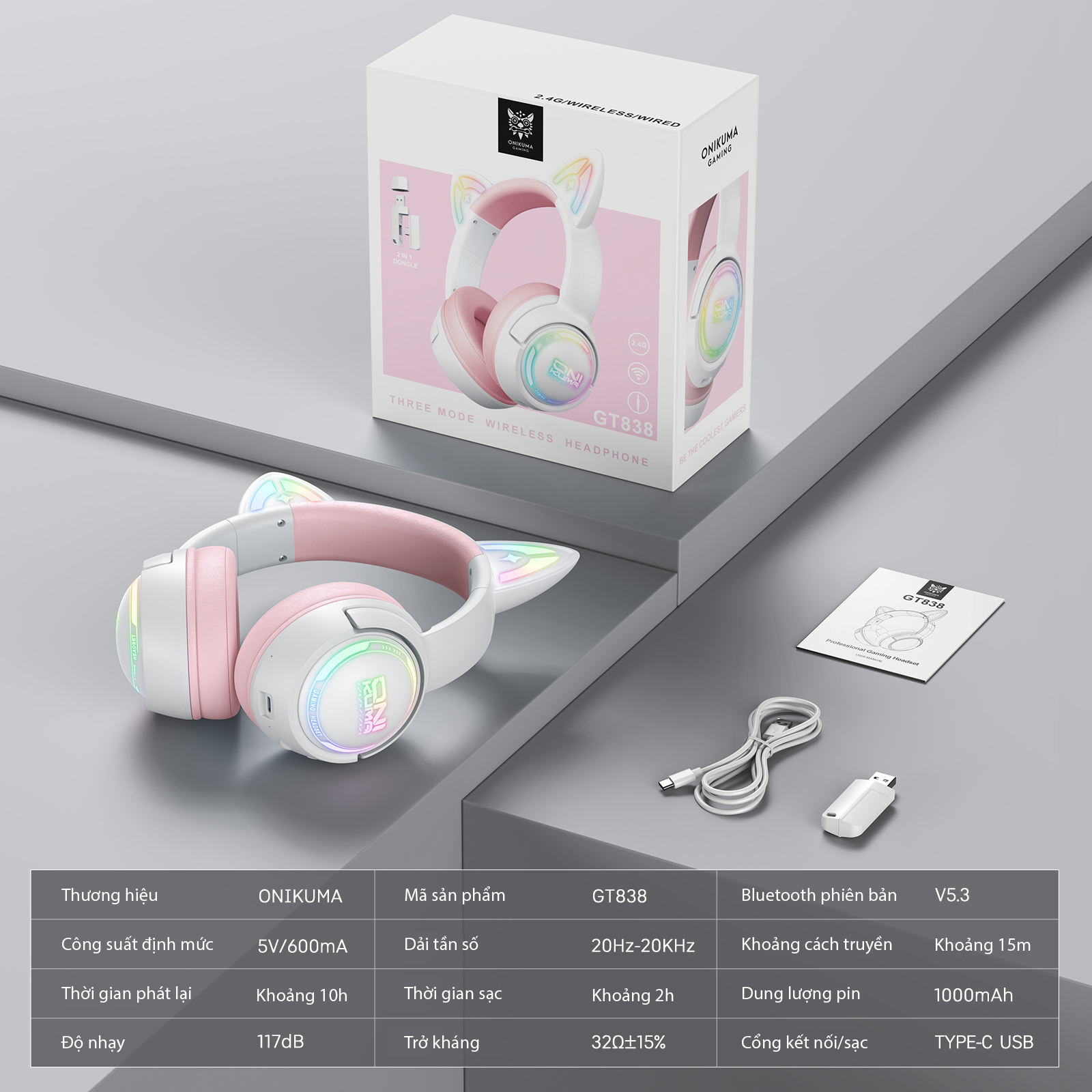 TAI NGHE ONIKUMA GT838 (2.4G+Bluetooth+Wired) Tri-Mode White Pink - Hàng Chính Hãng