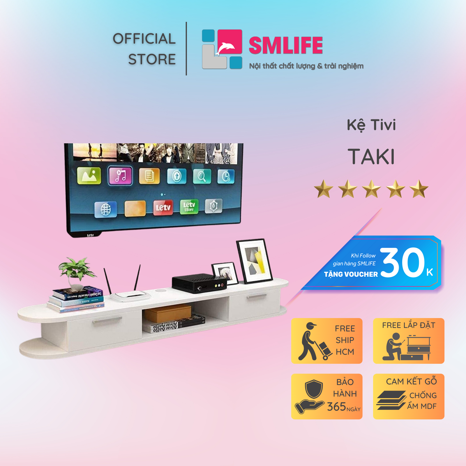 Kệ tivi gỗ hiện đại SMLIFE Taki | Gỗ MDF dày 17mm chống ẩm | D150xR25xC20cm