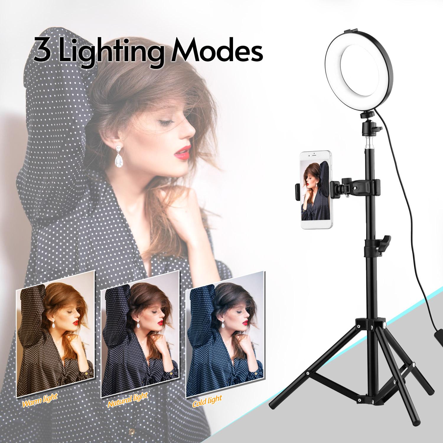 Đèn LED vòng 6 inch chụp ảnh USB 3 chế độ chiếu sáng Có thể điều chỉnh độ sáng với giá đỡ điện thoại + Ballhead