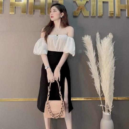 Set đầm váy công sở áo trễ vai và chân váy xẻ cực sang chảnh