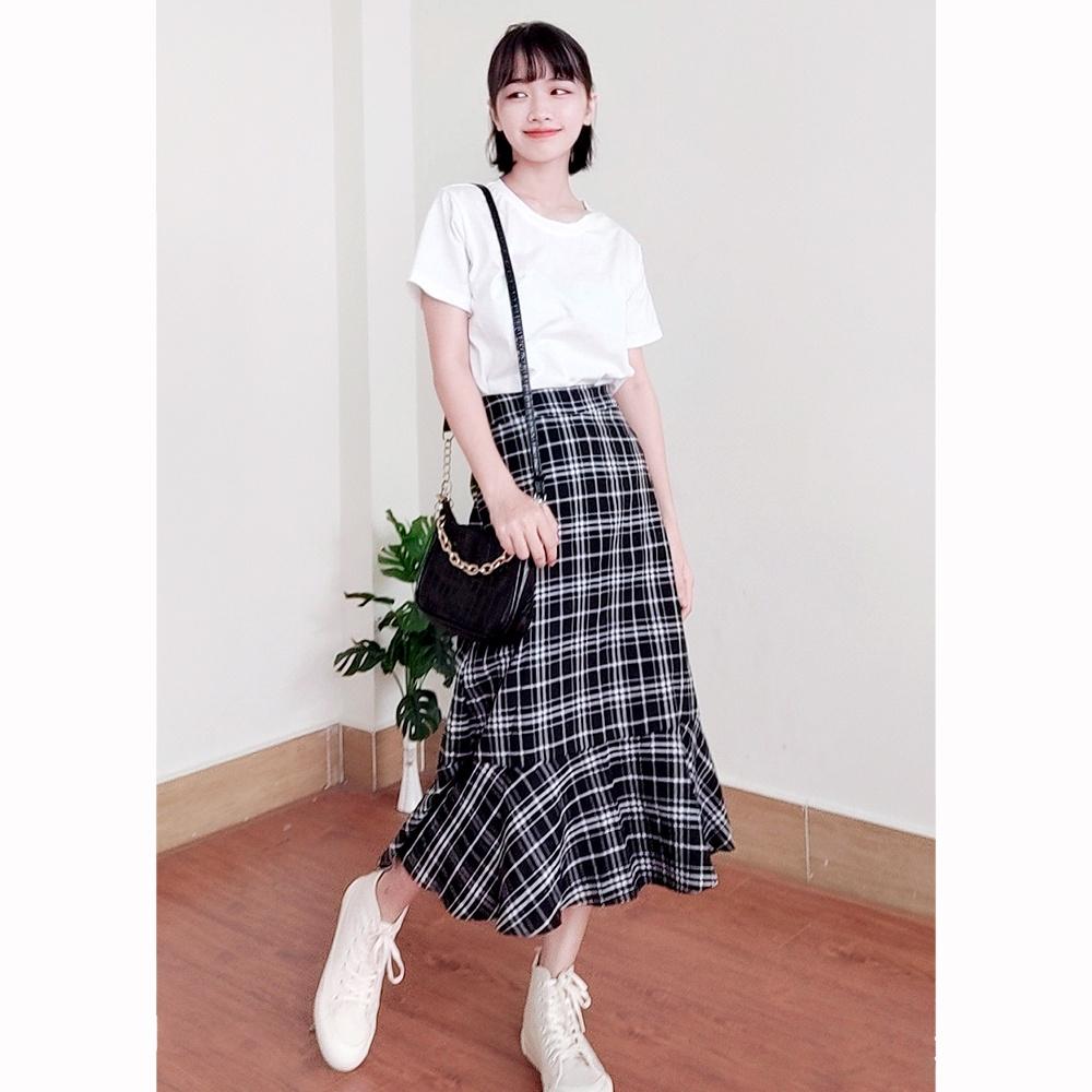 Chân váy dài caro ulzzang, chân váy midi qua gối SR007