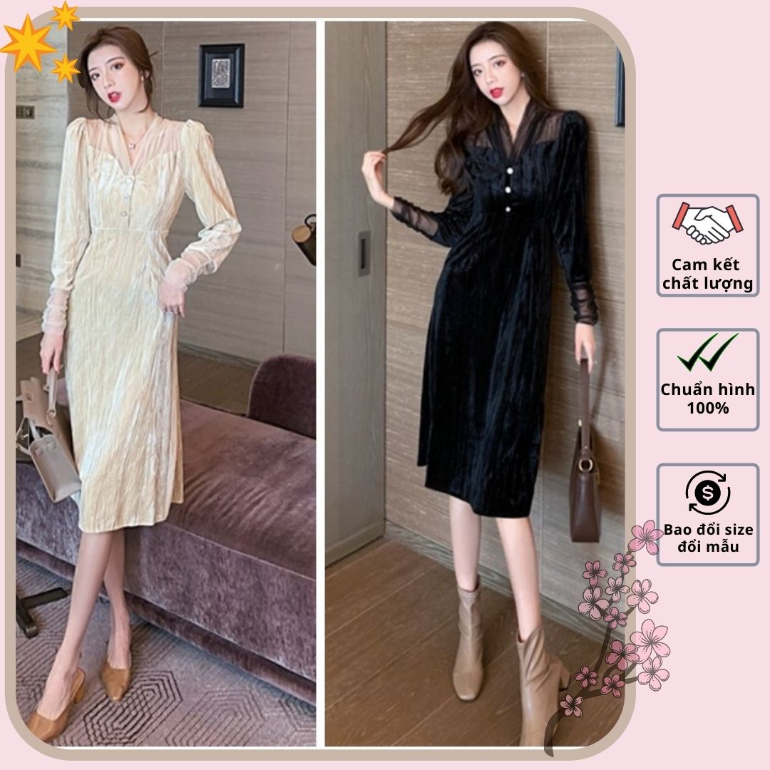 Hàng Quảng Châu - Đầm suông nhung phối lưới tay dài siêu xinh - d122304