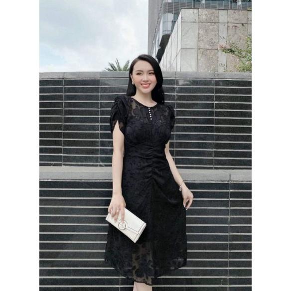 ĐẦM VOAN GẤM HOA NỔI MÀU ĐEN NHÚN LY BỤNG NGỰC KẾT HẠT CHÂU