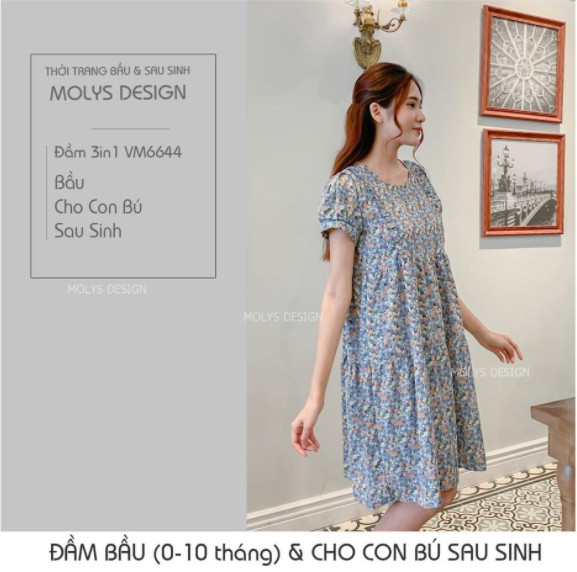 Đầm bầu kết hợp cho con bú sau sinh dáng babydoll ba tầng hoa nhí bèo ngực MOLYS VM6644 cúc điều chỉnh mặc hết thai kỳ