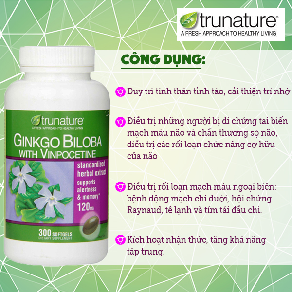 Thực phẩm bổ sung Trunature Ginkgo Biloba 300 viên nhập Mỹ - tăng cường tuần hoàn não