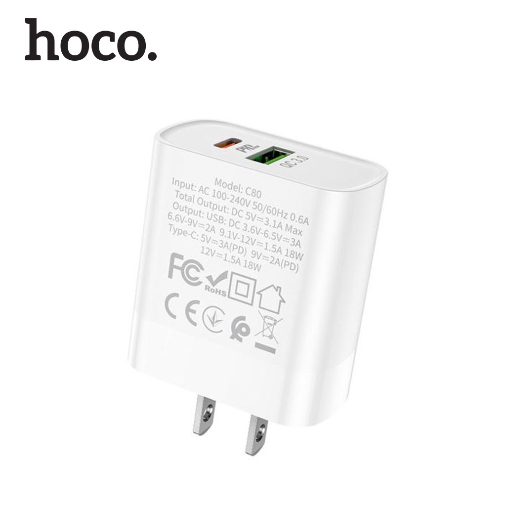 Củ Sạc Nhanh Cho Iphone Hoco C80 - Hỗ trợ sạc nhanh 20W PD QC3.0 - Hàng Chính Hãng