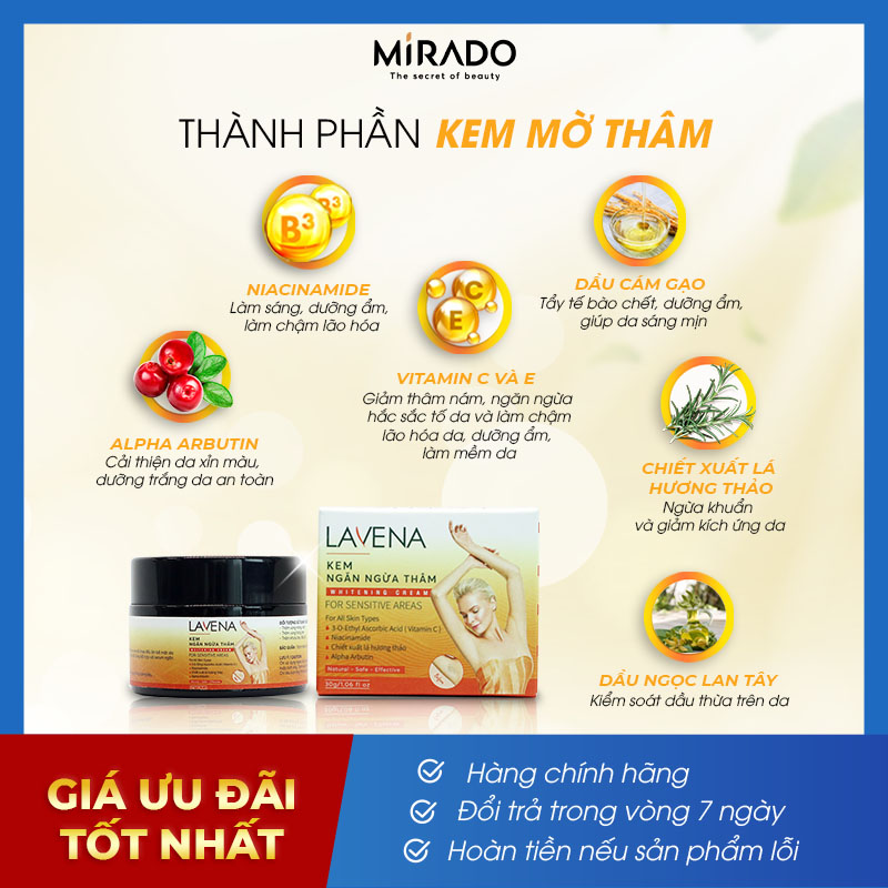 Combo Mờ Thâm, Sáng Da, Hỗ Trợ Giảm Mụn Lưng, Tẩy Da Chết, Khử Mùi Cơ thể Lavena (Kem 30g + Serum 15ml + Xịt 30ml + Sữa tắm 220ml)