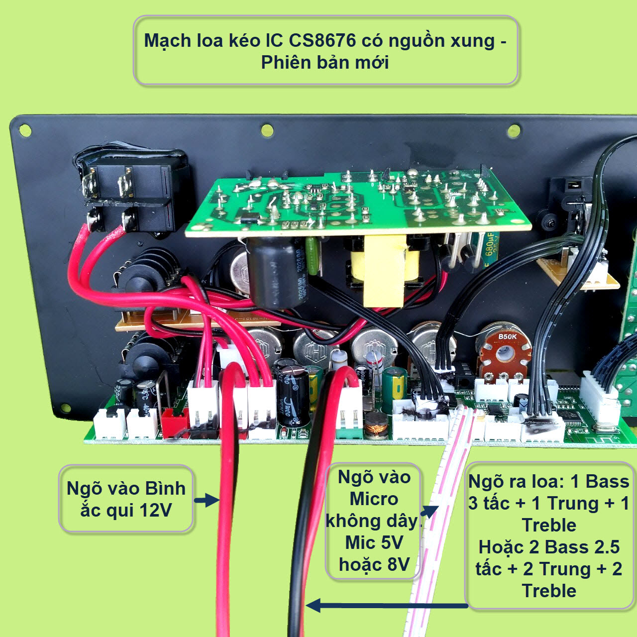 Mạch loa kéo CS8676 có nguồn xung cho loa kéo 3 tấc đơn hoặc 2.5 tấc đôi