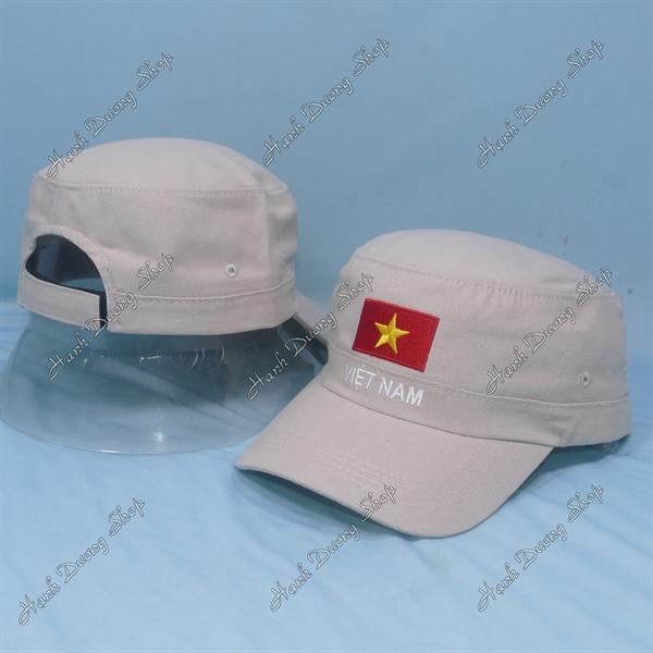 Nón lính mũ lưỡi trai đầu bằng thêu chữ Việt Nam phía sau khóa dán - Kem trắng