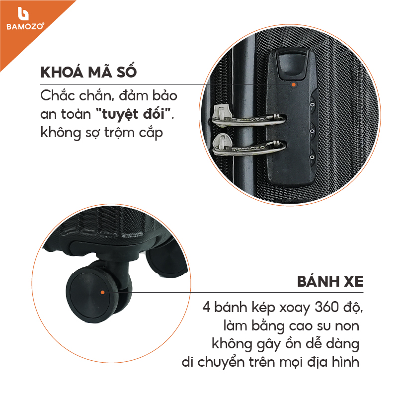 Vali du lịch BAMOZO 8801 MÀU ĐEN size 20/24, vali kéo nhựa được bảo hành 5 năm.