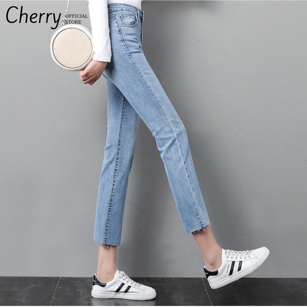 Quần jean nữ ống đứng dáng lửng co giãn cao cấp phong cách Hàn Quốc, quần bò nữ ống ngắn suông có co giãn CHERRY T030
