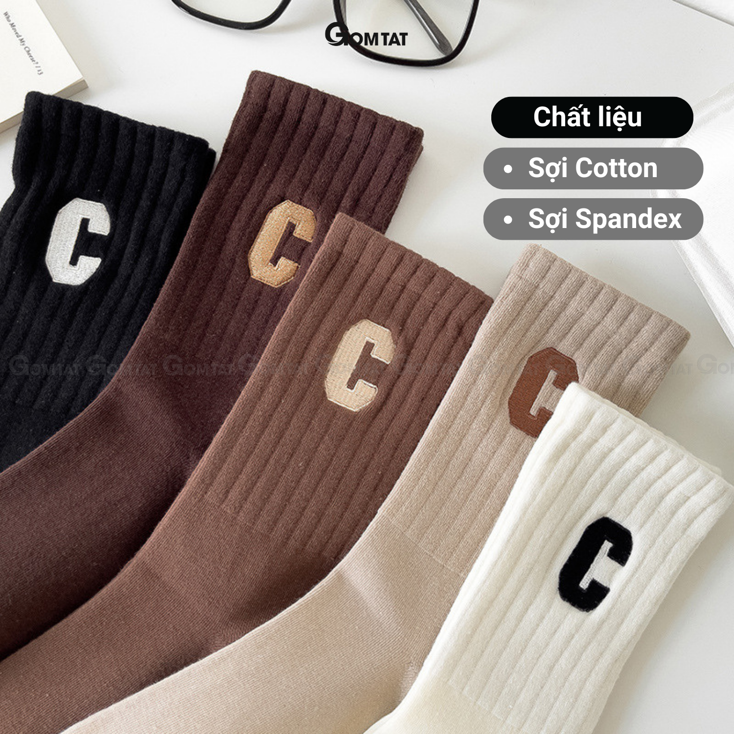 Tất vớ nữ cổ cao cao cấp GOMTAT mẫu chữ C, chất liệu cotton mềm mại, thấm hút, thoáng khí - PO-COCAO-C-3012-1DOI