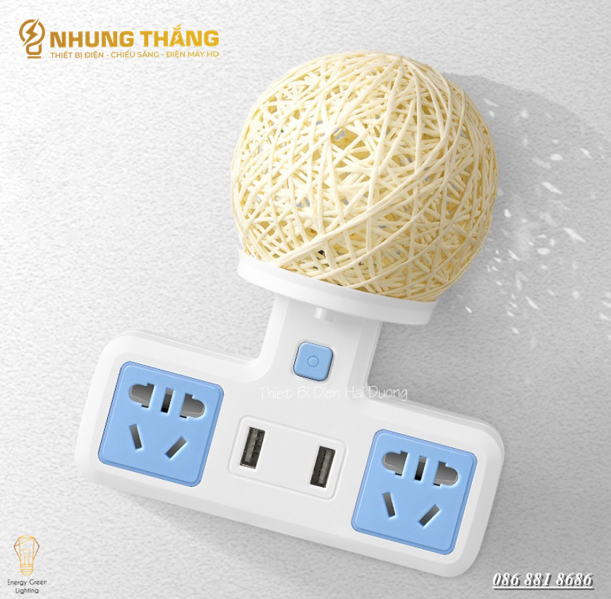 Ổ Cắm Điện Đa Năng - Đèn Ngủ Cầu Mây - 2 Cổng USB , Ổ Chịu Tải 2500W, Chống Cháy Nổ - Kèm Phích Chuyển Đổi - Có Video
