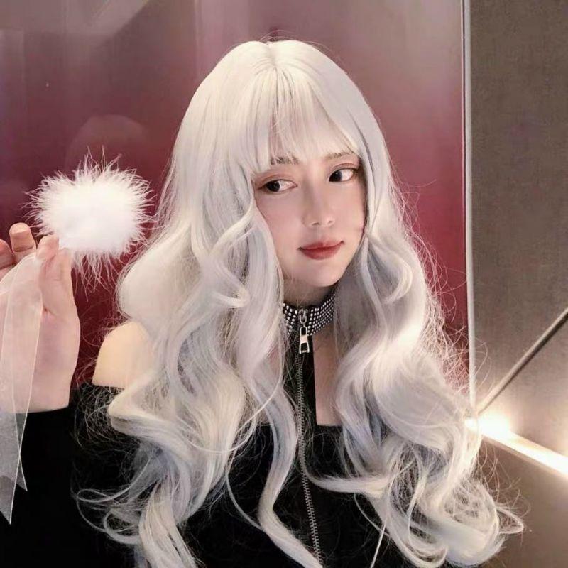 Tóc giả nữ nguyên đầu trắng xoăn mới hình shop chụp