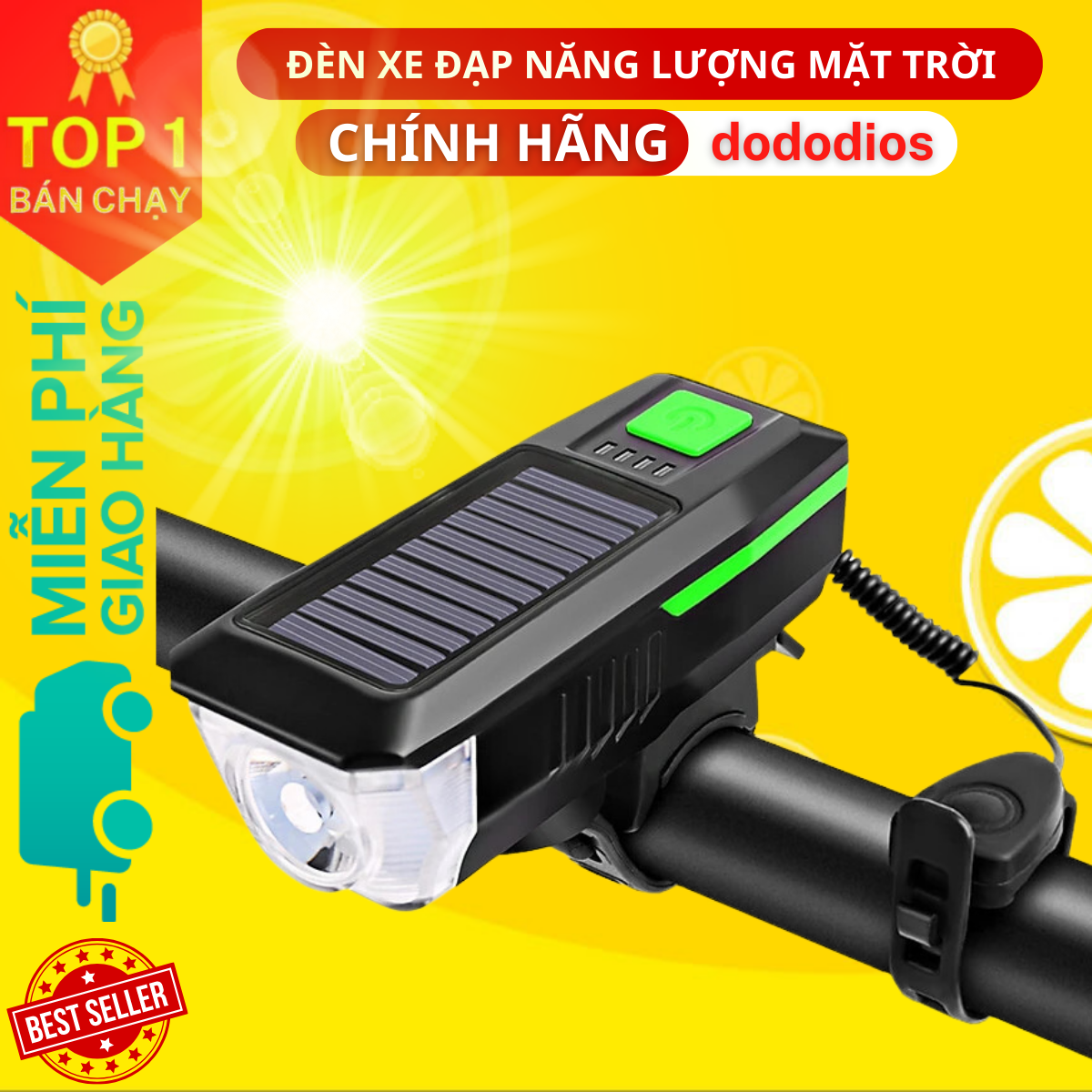 Đèn xe đạp năng lượng mặt trời có còi chống nước 3 chế độ sáng - Hàng chính hãng dododios