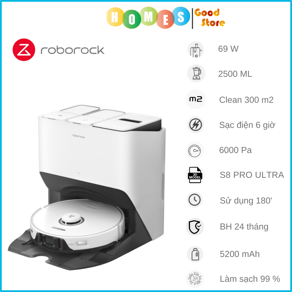 Robot Hút Bụi Lau Nhà XIAOMI Roborock S8 Pro Ultra - 2023 Công Nghệ Lau Rung Chổi Làm Sạch Kép Tự Gom Đổ Rác Bơm Nước Tự Động Tạo Bản Đồ Siêu Nhanh Tự Động Tối Ưu Dọn Dẹp Camera AI Siêu Thông Minh Lực Hút 6000 Pa Công Suất 69 W - Hàng Chính Hãng