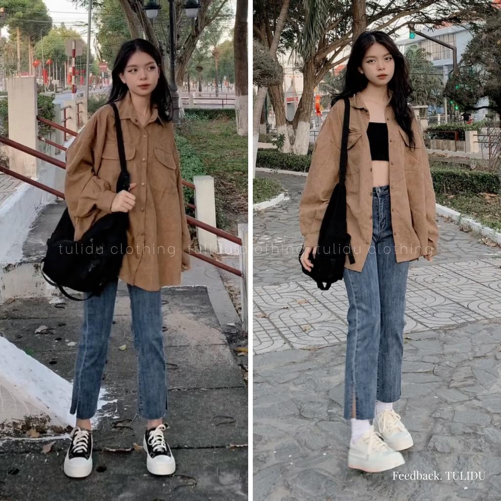 Quần Bò Ống Đứng Nữ Suông Nhẹ Lưng Cao Xẻ Tà Co Giãn Tulidu Quần Jean Ống Đứng Nữ