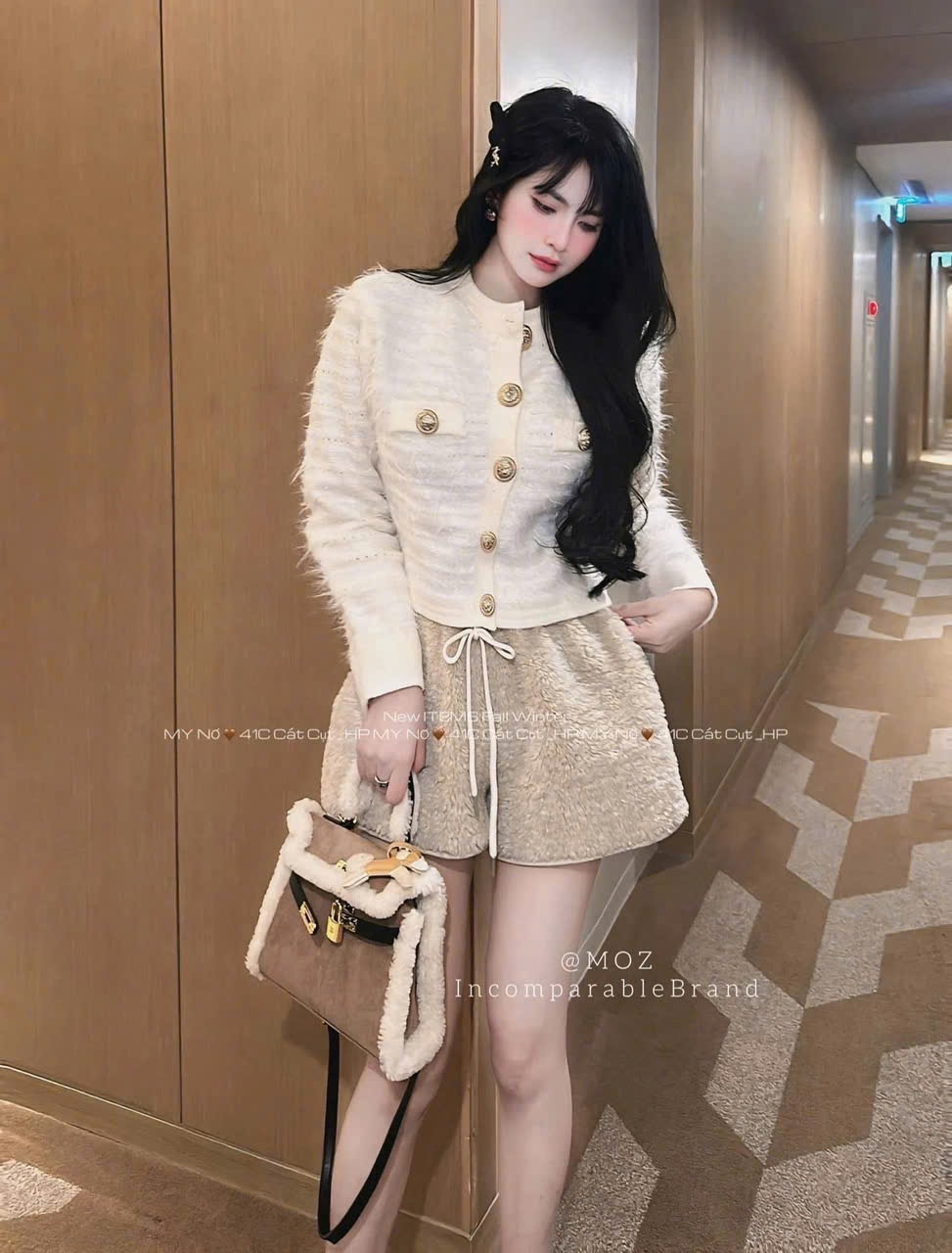 Áo khoác len lông mềm tay dài nút vàng,dáng xinh sang dễ phối