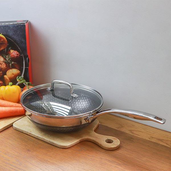 Chảo sâu Noon Song inox 3 lớp đáy từ nắp kính chống dính 2 mặt KIMS COOK 24cm