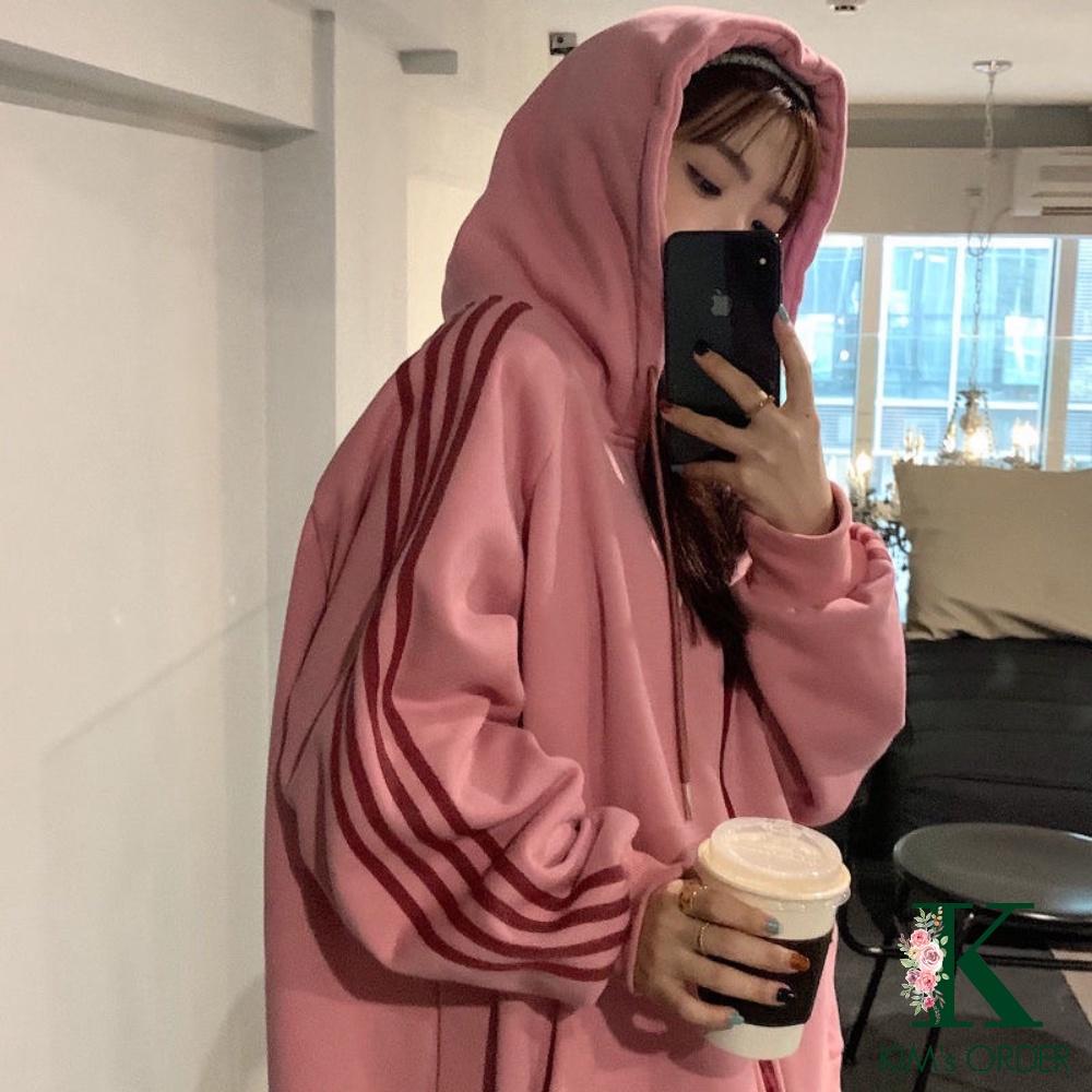 Áo khoác nỉ Hoodie nam nữ màu be hồng xanh xám dài tay có mũ kéo khoá phom rộng kiểu dáng sọc thể thao Ulzzang năng động