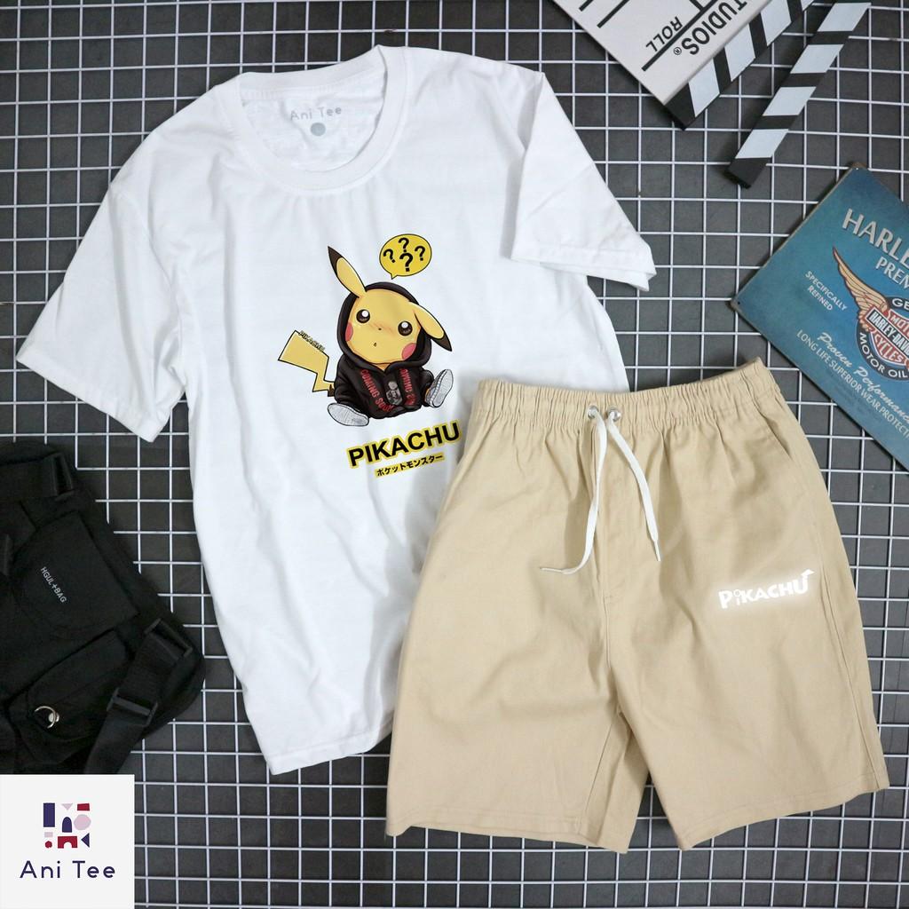 COMBO ÁO THUN COTTON + SHORT KAKI PIKACHU HOẠT HỌA