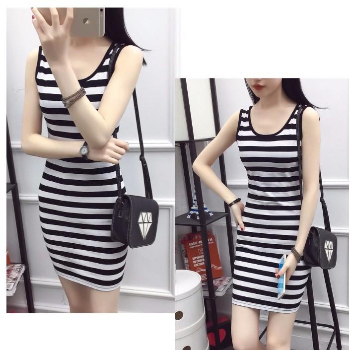 Đầm ôm nữ kẻ sọc ngang đơn giản, đầm thun body co giãn 4 chiều Da03