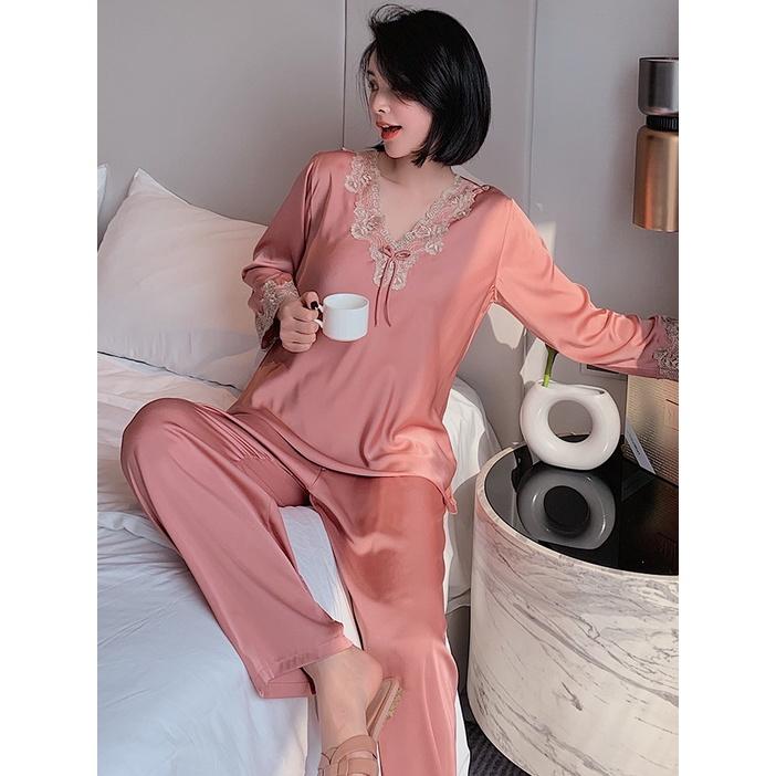 Đồ Bộ Nữ - Bộ Lụa Dài Tay Sang Màu Trơn Xanh và Hồng Cổ Áo Cách Điệu Viền Ren DDLP19