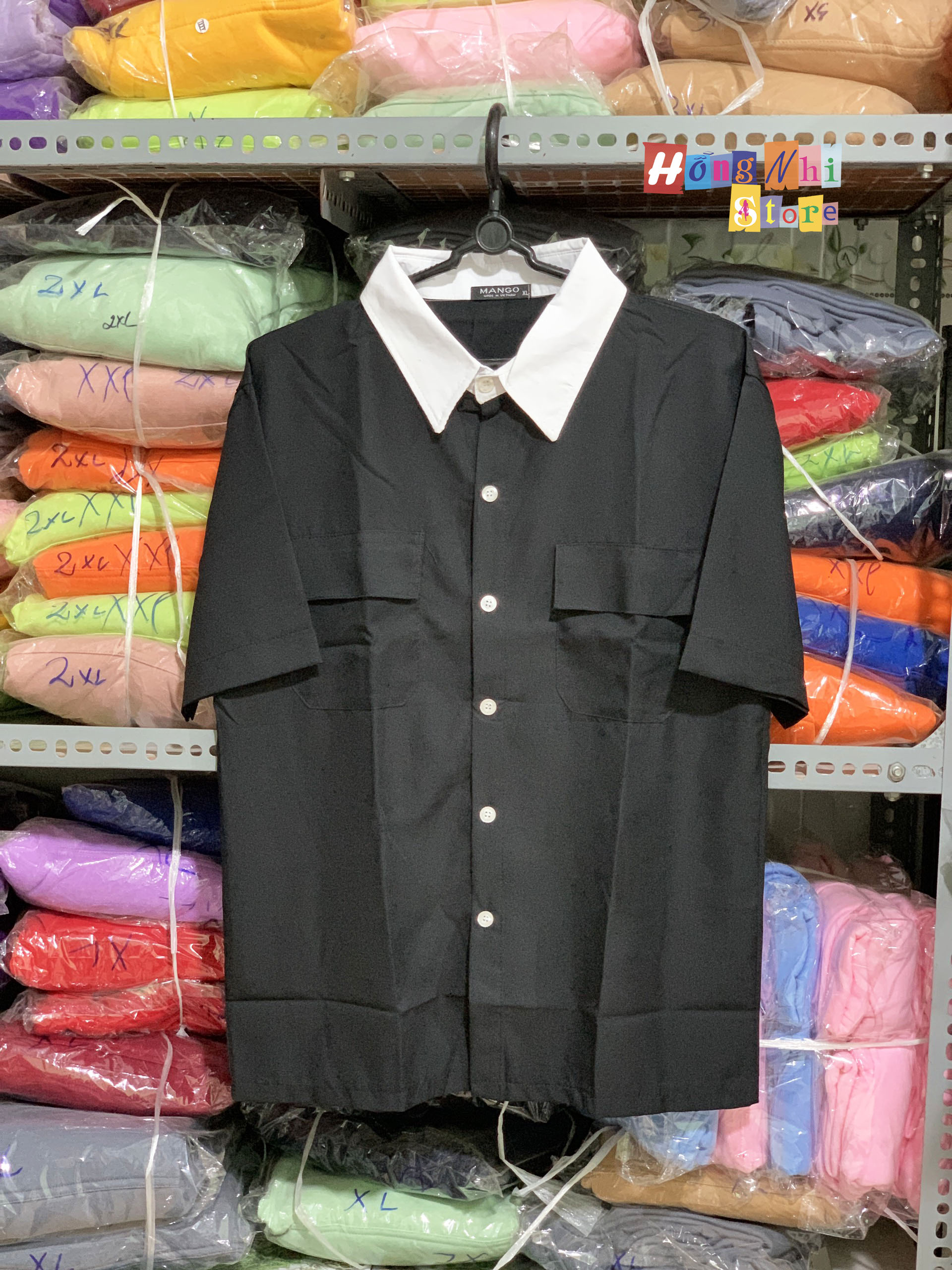 Sơ Mi Tay Lỡ Unisex Phối Cổ 2 Túi Màu Đen - Sơ Mi Mix Tay Lỡ - MM - M