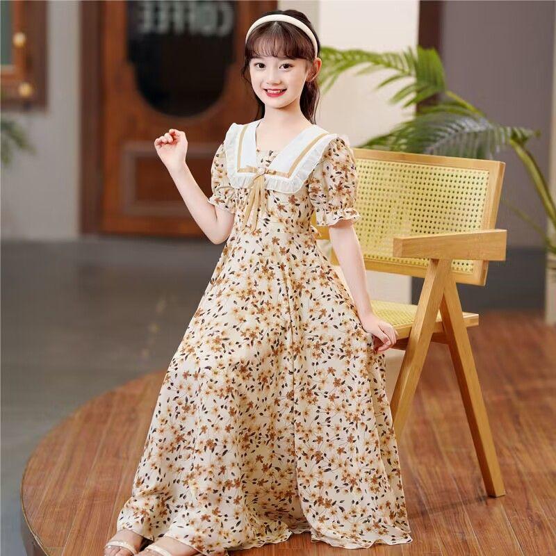 SHUANGYAN Cô gái lớn bé mùa hè váy bong bóng tay áo đầm cô gái nhỏ mùa hè phong cách phương Tây váy sinh viên ngọt ngào trên đầu gối hoa đầm dài