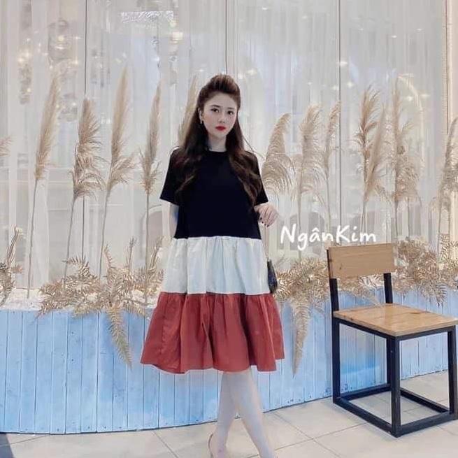 Váy bầu công sở 3 tầng nhún dáng babydoll