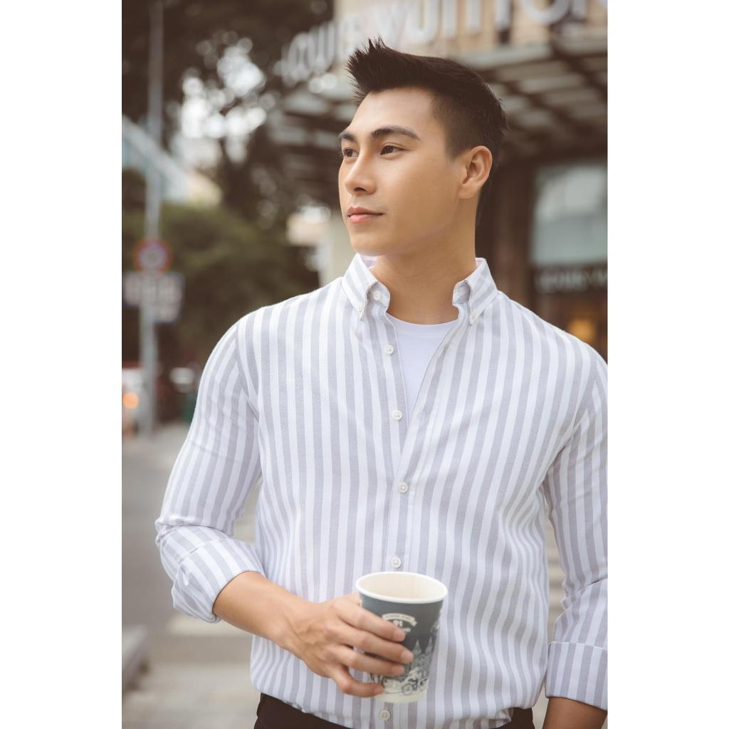 Áo Sơ Mi Nam Ngắn Tay Phối Sọc BY COTTON Light Grey Stripes Oxford 1122