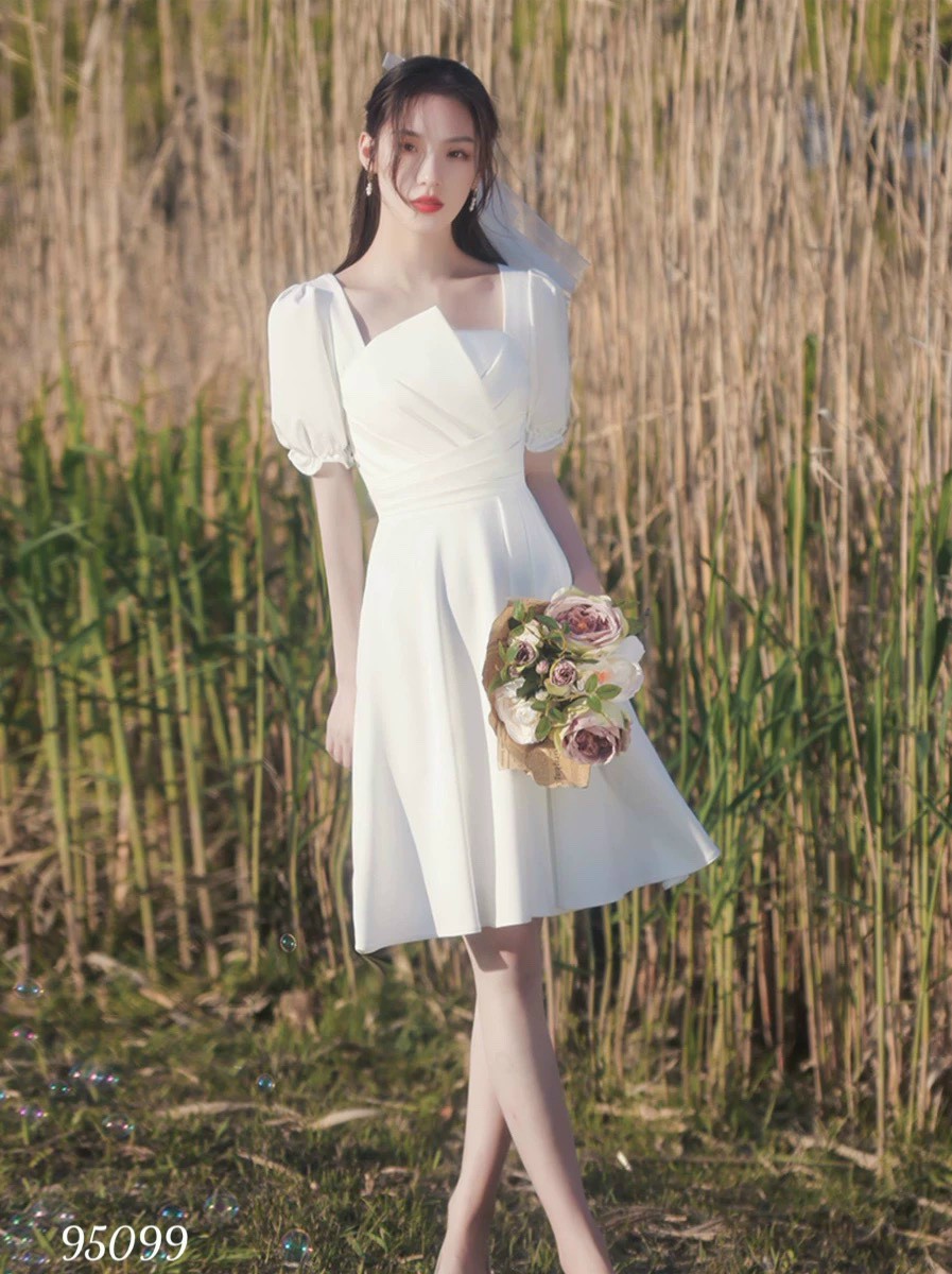 Đầm váy nữ dự tiệc đám cưới màu trắng tinh khiết trẻ trung nhẹ nhàng